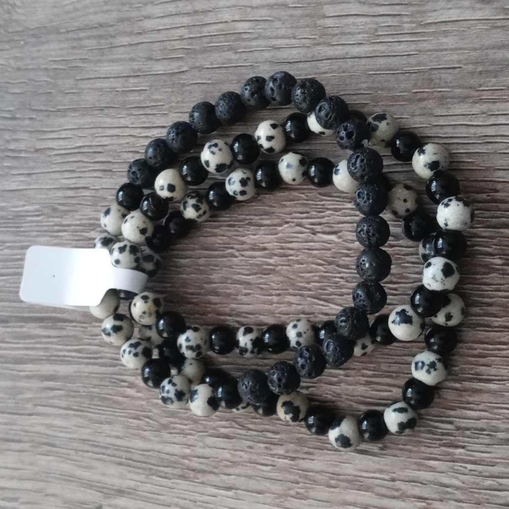 Dalmatian Jasper, Black Agate & Black Lava Stone Healing Stacked Bracelets